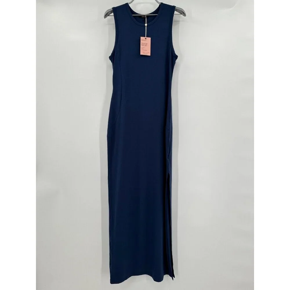 Quince Navy Blue Tencel Jersey Tank Maxi Dress sz S Women's Side Slit Sleeveless - Picture 1 of 6